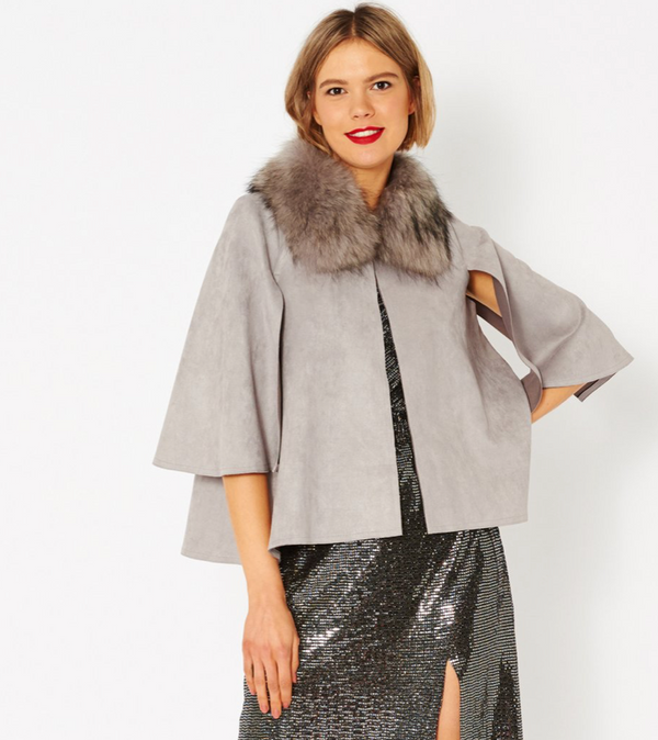 Brushed Ultra Suede Cape With Faux Fur Detachable Collar