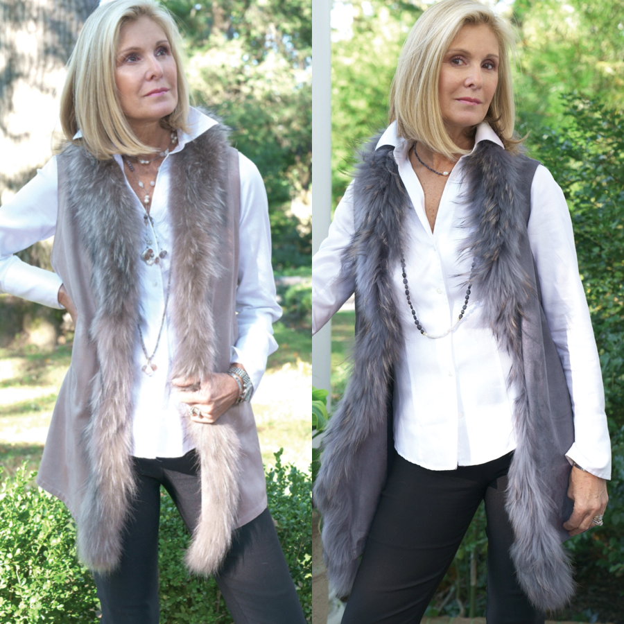 Ultra Suede 3/4 Length Vest with Fox Fur Trim And Side Pockets