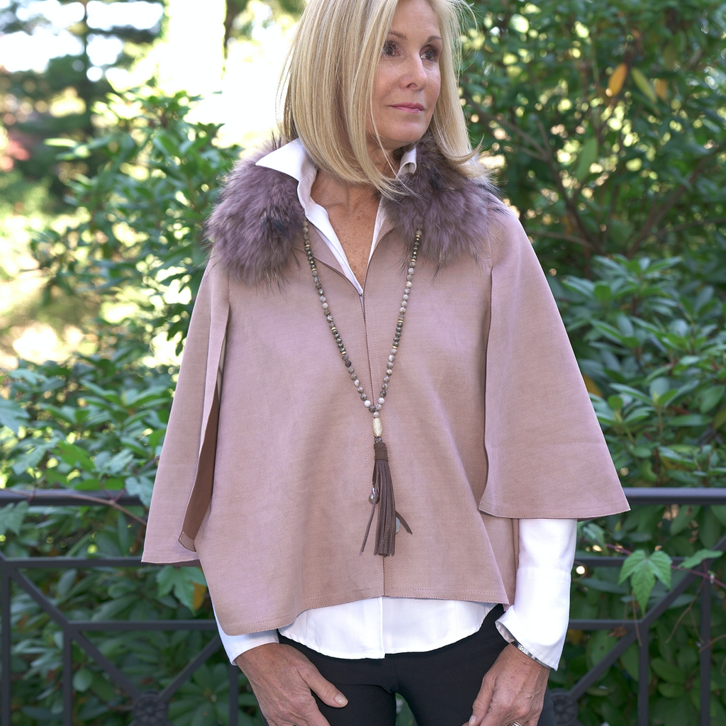 Very Chic Ultra Suede Jacket/Cape With Fox Fur Detachable Collar